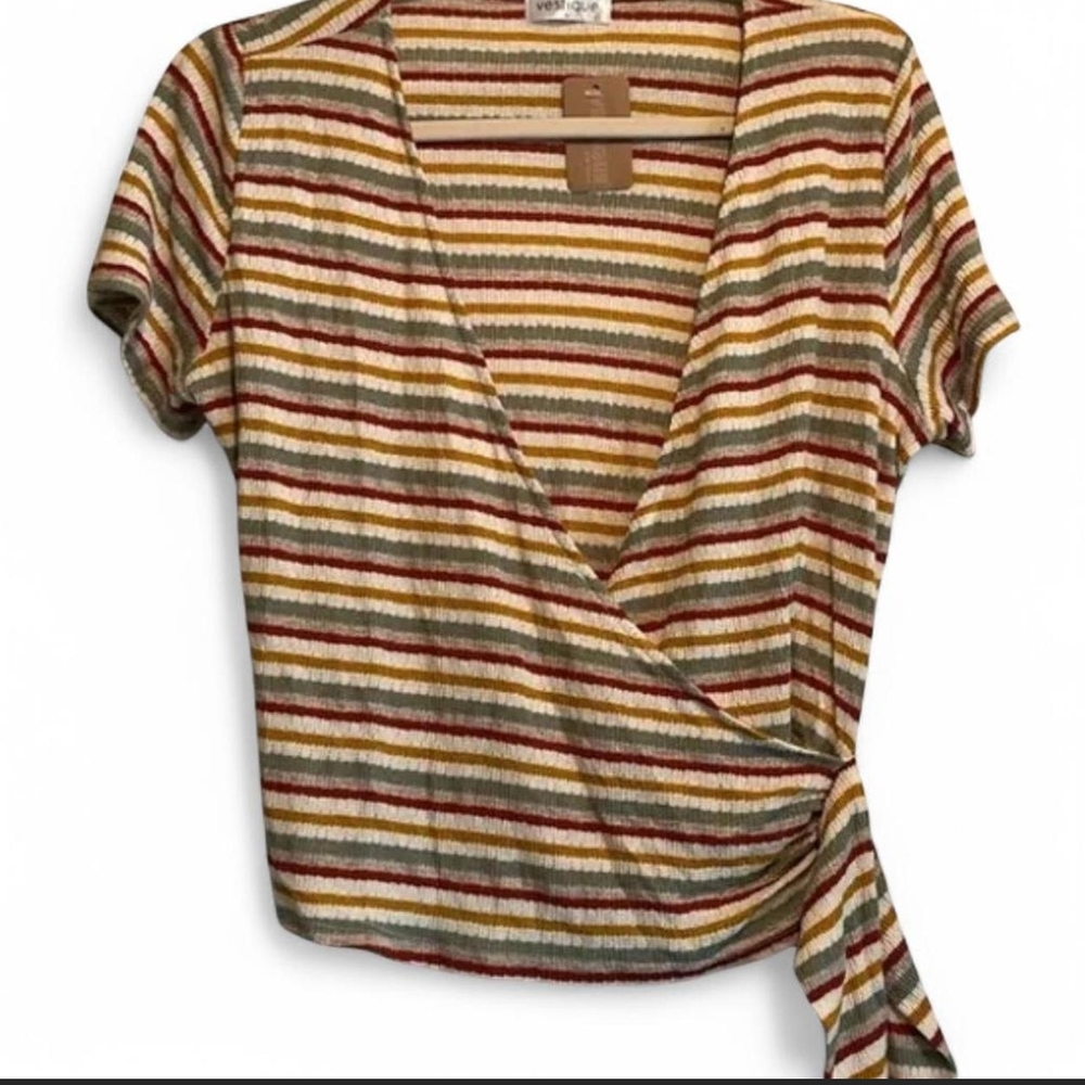 NWT Vestique Earth Tone Striped Ribbed Wrap Tie Top Large